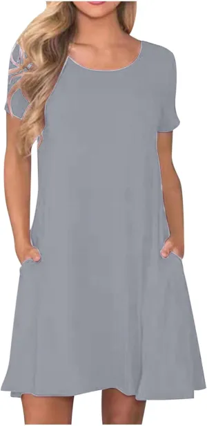 Womens Summer Casual Solid Dresses Beach Vacation Dresses Short Sleeve Tshirt Mini Dress with Pockets