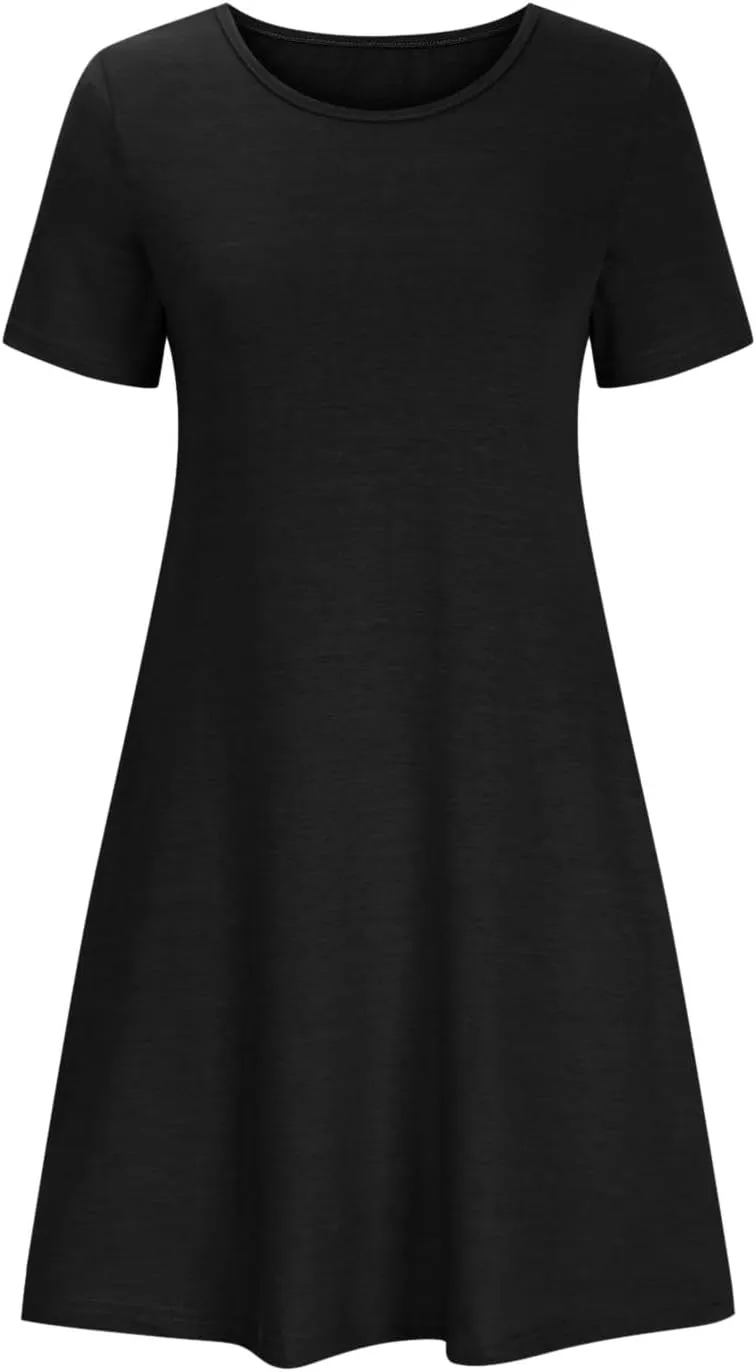 Womens Summer Casual Solid Dresses Beach Vacation Dresses Short Sleeve Tshirt Mini Dress with Pockets