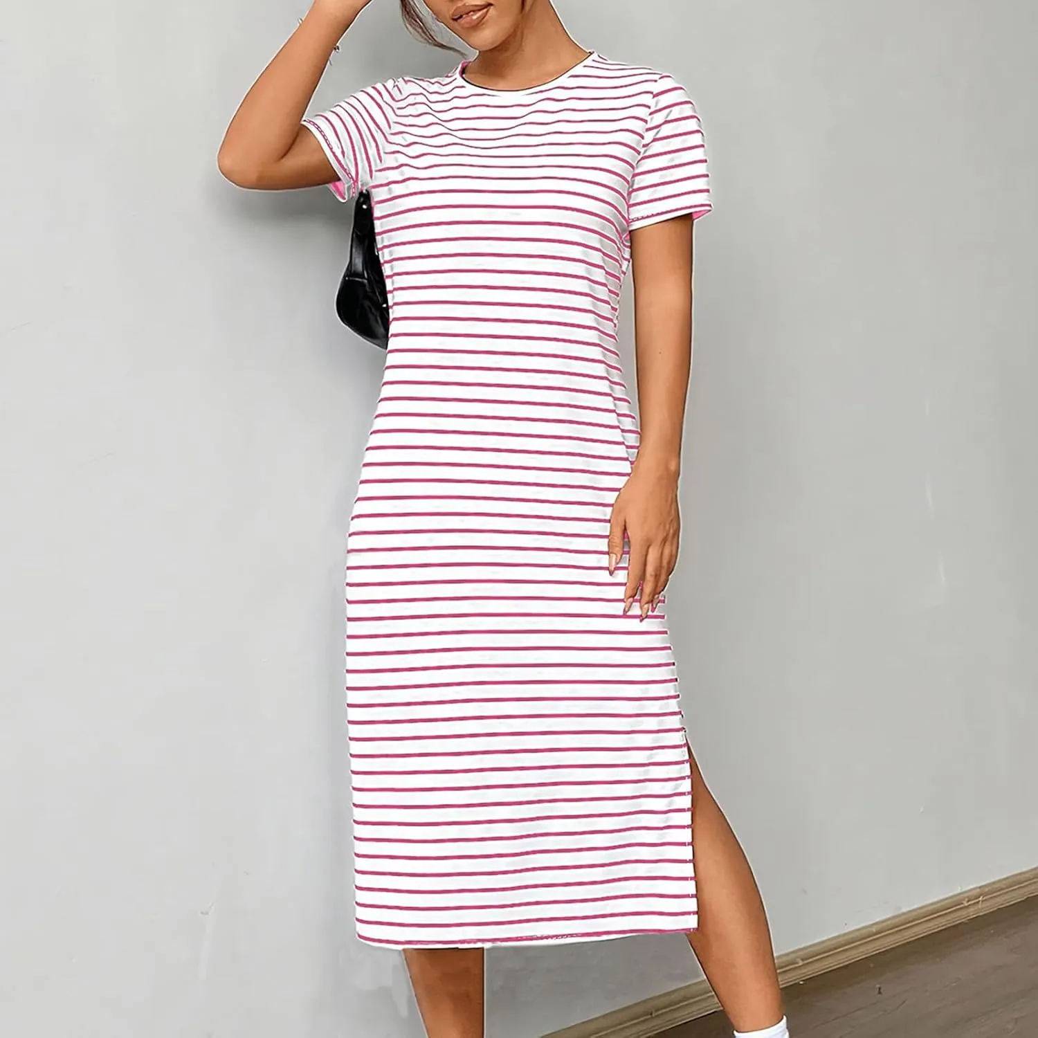 Womens Summer Casual Striped Dress Trendy Short Sleeve Side Split Sundress Comfy Beach Midi Dresses for Holiday