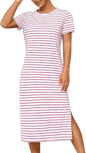 Womens Summer Casual Striped Dress Trendy Short Sleeve Side Split Sundress Comfy Beach Midi Dresses for Holiday
