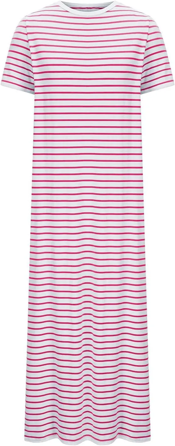 Womens Summer Casual Striped Dress Trendy Short Sleeve Side Split Sundress Comfy Beach Midi Dresses for Holiday