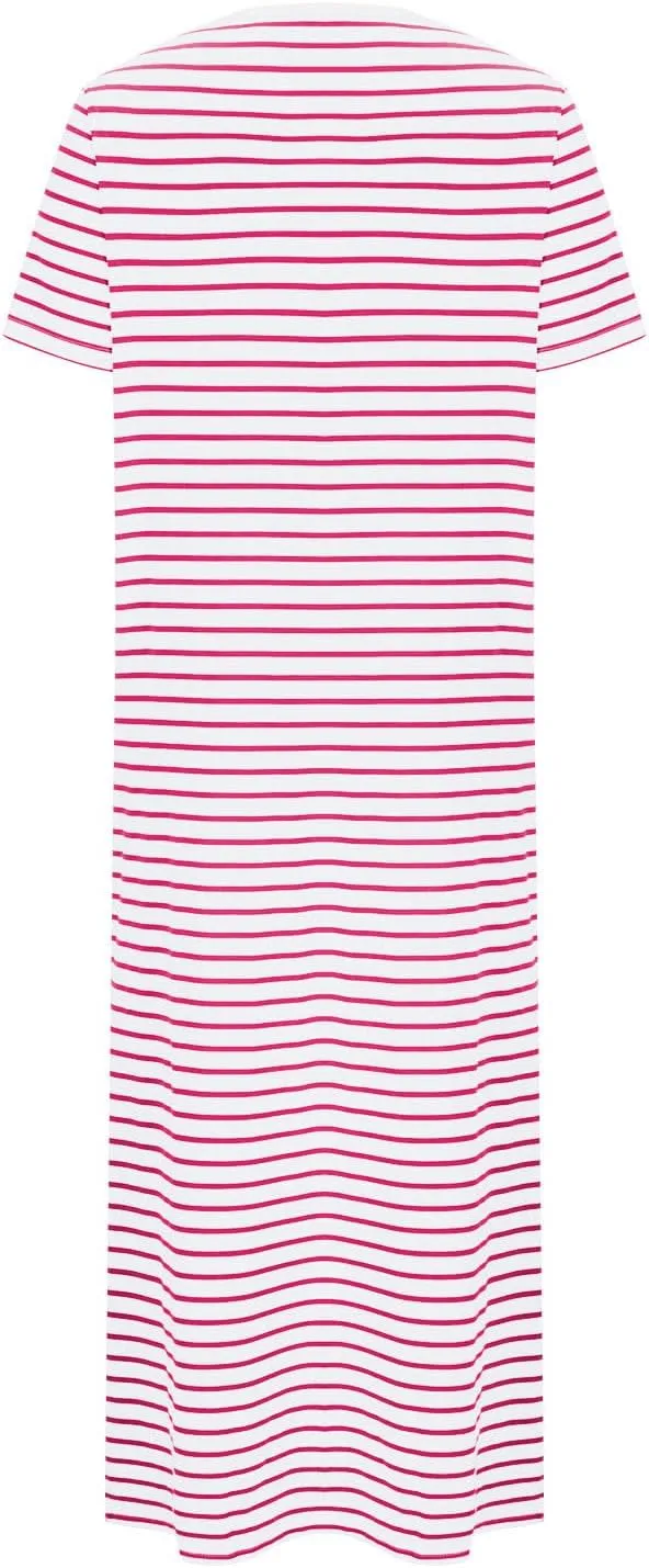 Womens Summer Casual Striped Dress Trendy Short Sleeve Side Split Sundress Comfy Beach Midi Dresses for Holiday