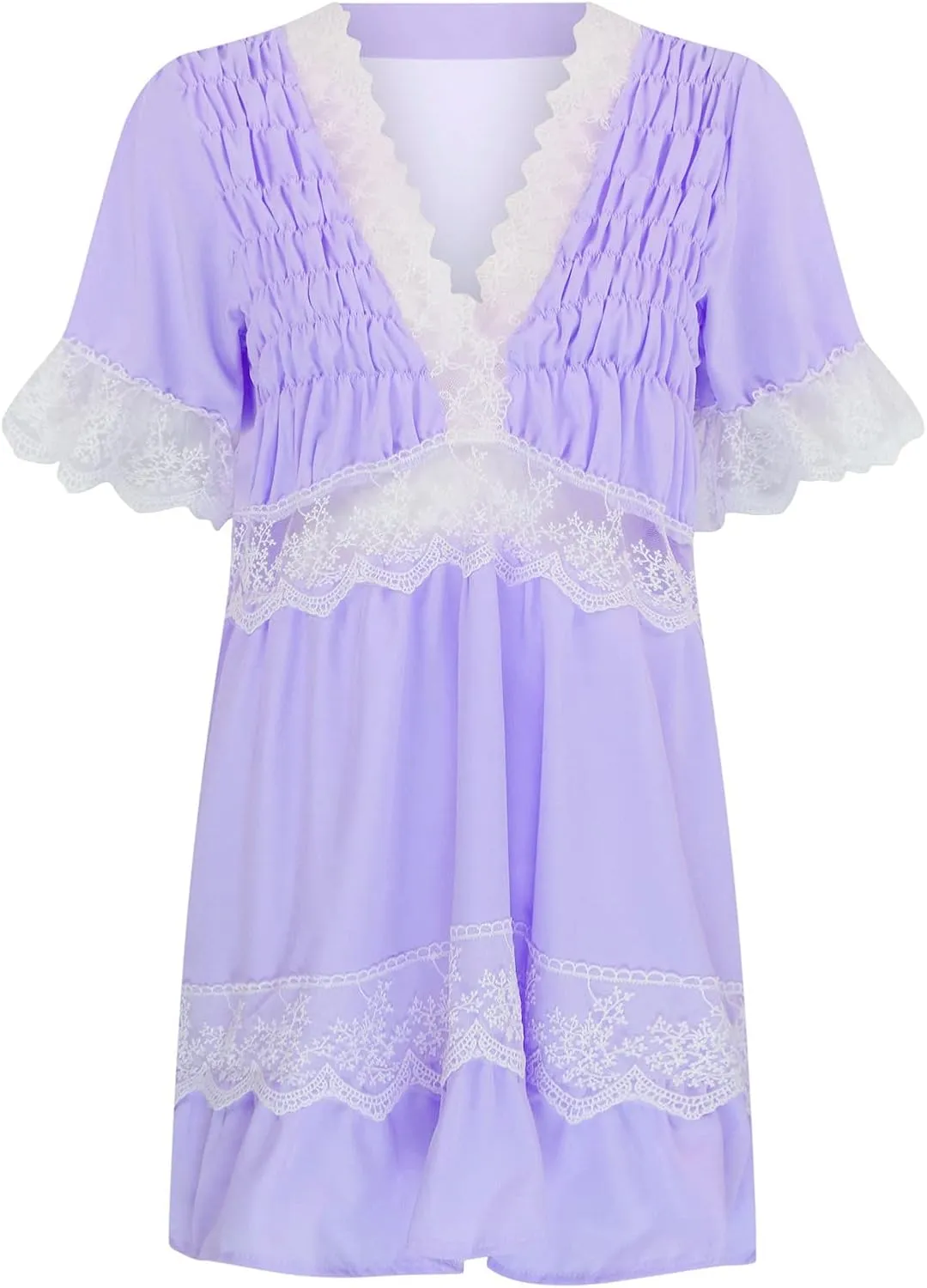 Women's Summer Crochet Lace V Neck A Line Mini Dress Casual Ruffle Sleeve Short Swing Sundress Flowy Skater Dresses