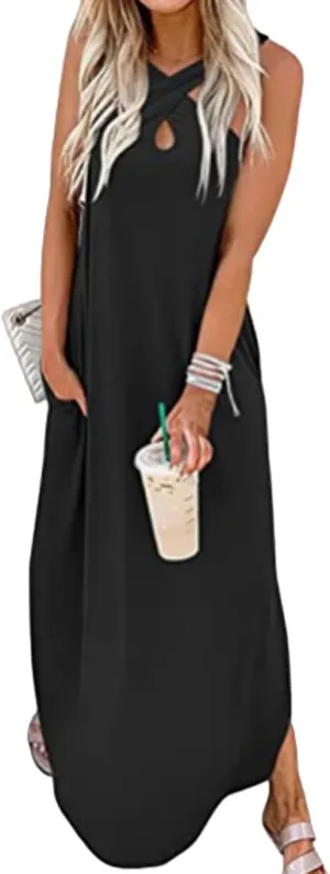 Womens Summer Crossover Halter Neck Dress Caual Sleeveless Pocket Split Long Maxi Dress Beach Tank Sundress