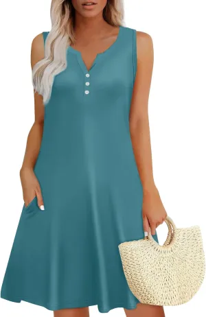 Womens Summer Dress 2025 Casual Solid/Floral Button Down V Neck Sleeveless Boho Beach A-Line Sundresses with Pockets