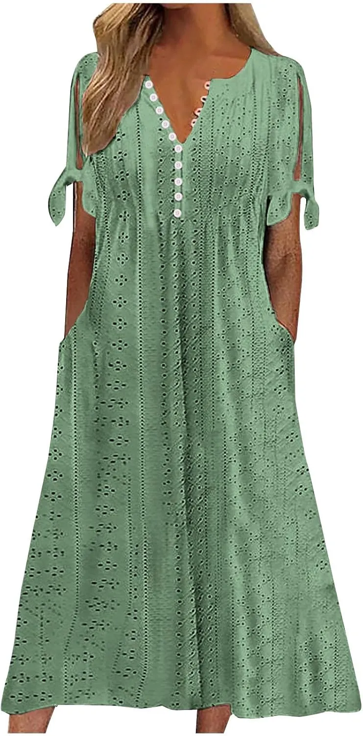 Womens Summer Dress Casual Floral Print Midi Dress Button V Neck Short Sleeve Dresses Flowy Boho Beach Party Sundress