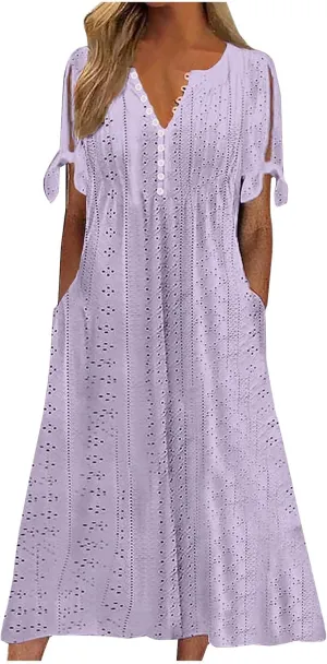 Womens Summer Dress Casual Floral Print Midi Dress Button V Neck Short Sleeve Dresses Flowy Boho Beach Party Sundress