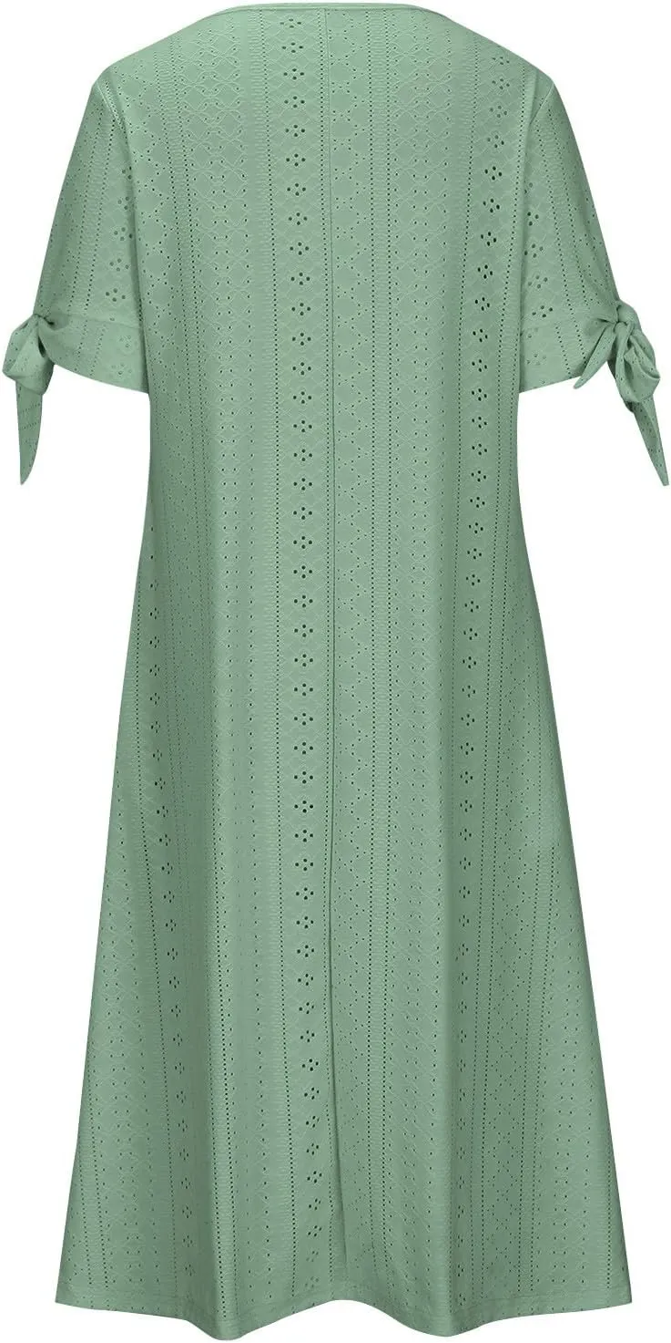 Womens Summer Dress Casual Floral Print Midi Dress Button V Neck Short Sleeve Dresses Flowy Boho Beach Party Sundress