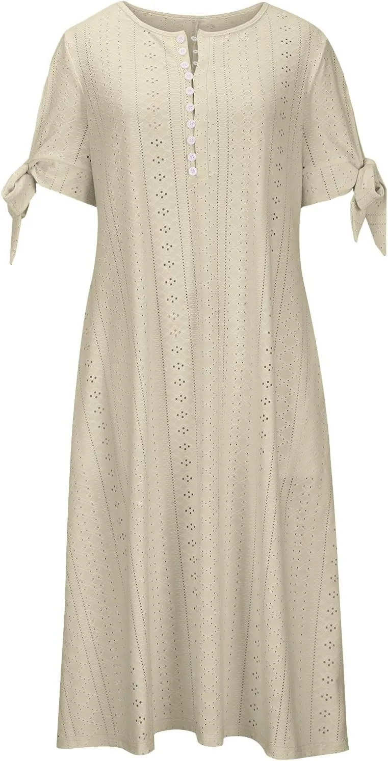 Womens Summer Dress Casual Floral Print Midi Dress Button V Neck Short Sleeve Dresses Flowy Boho Beach Party Sundress