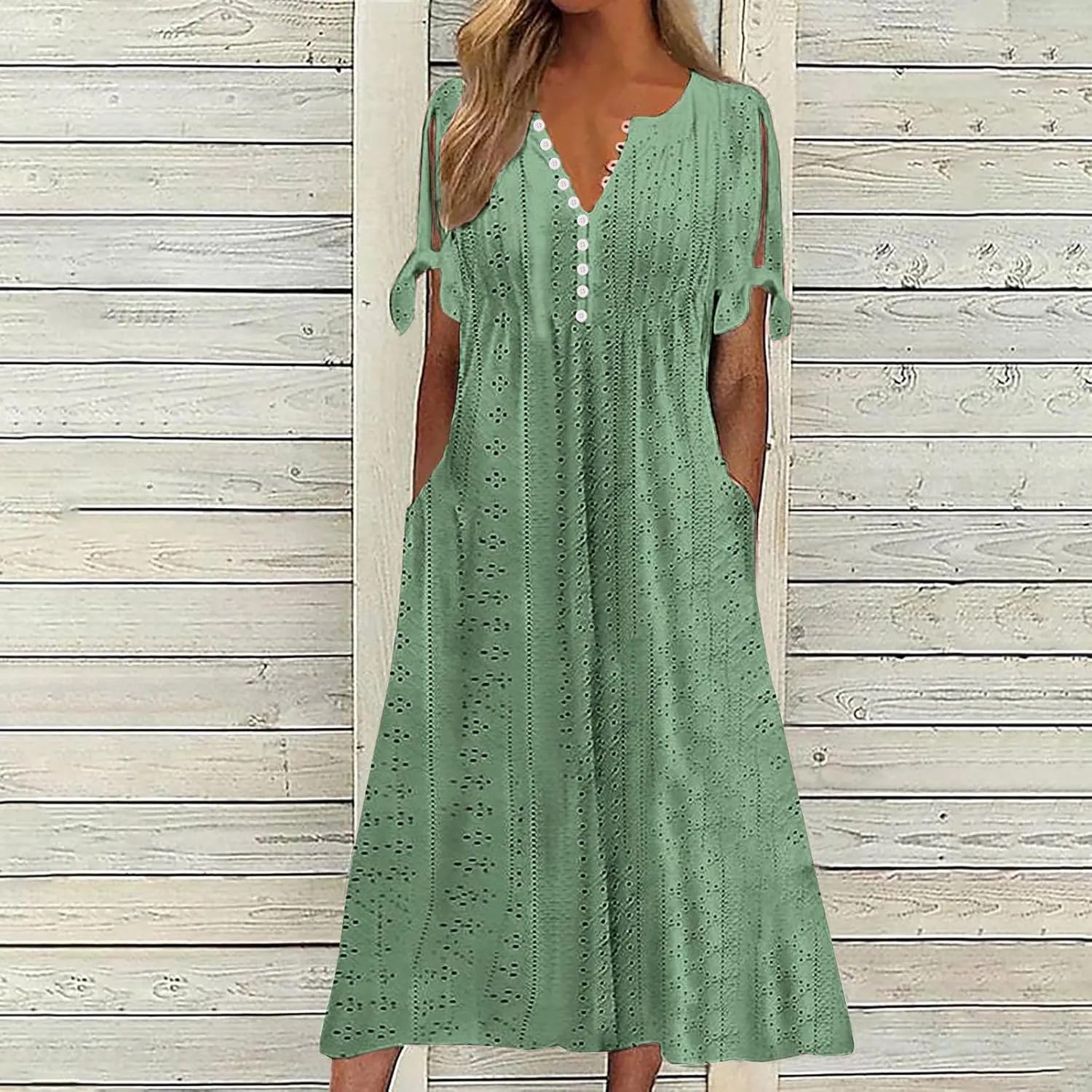 Womens Summer Dress Casual Floral Print Midi Dress Button V Neck Short Sleeve Dresses Flowy Boho Beach Party Sundress