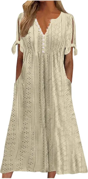 Womens Summer Dress Casual Floral Print Midi Dress Button V Neck Short Sleeve Dresses Flowy Boho Beach Party Sundress