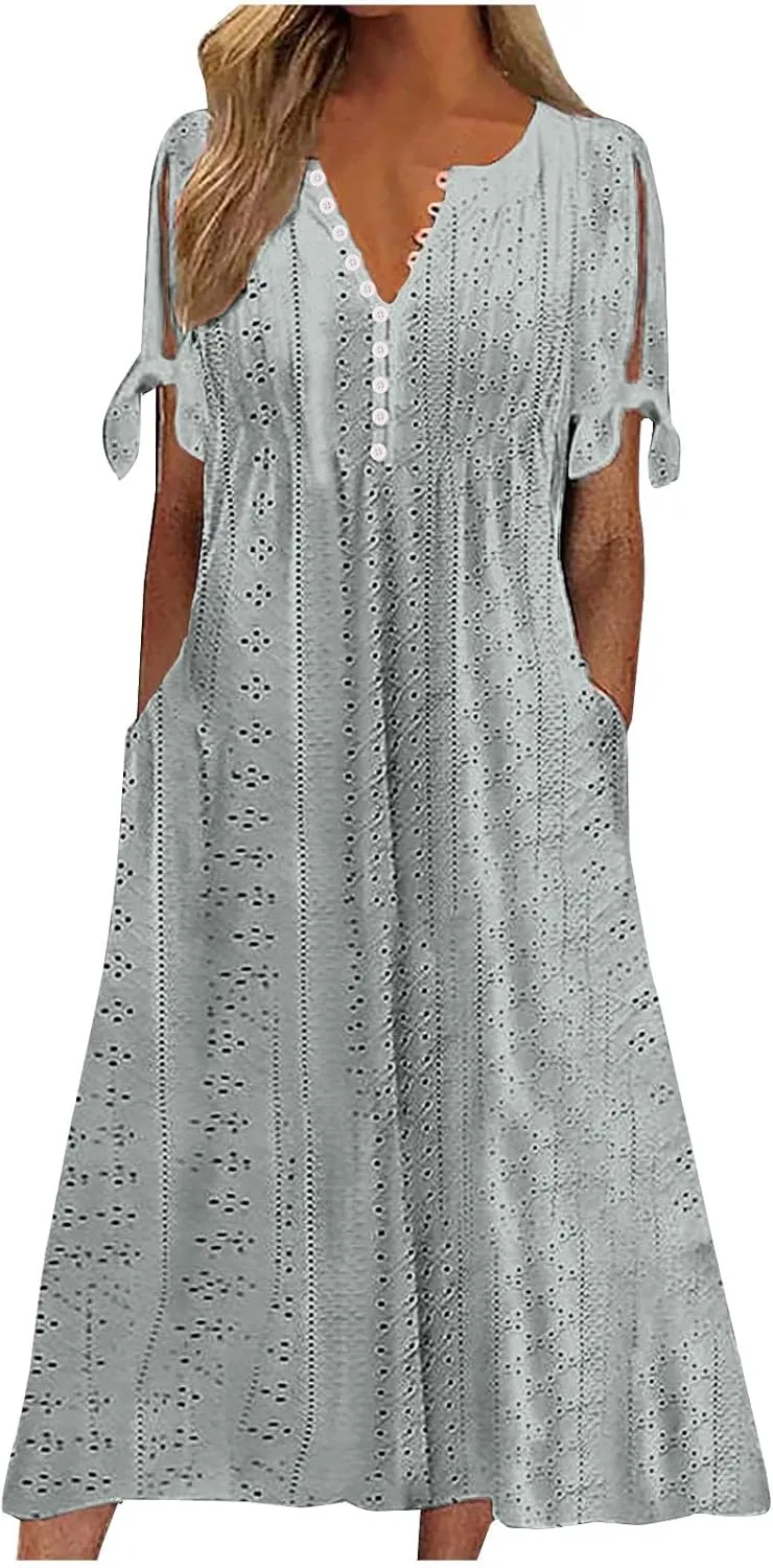 Womens Summer Dress Casual Floral Print Midi Dress Button V Neck Short Sleeve Dresses Flowy Boho Beach Party Sundress