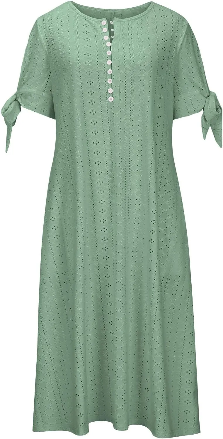 Womens Summer Dress Casual Floral Print Midi Dress Button V Neck Short Sleeve Dresses Flowy Boho Beach Party Sundress