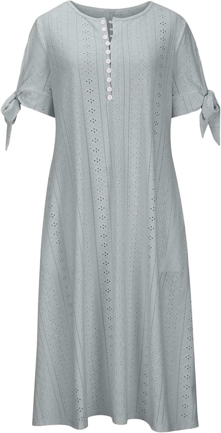 Womens Summer Dress Casual Floral Print Midi Dress Button V Neck Short Sleeve Dresses Flowy Boho Beach Party Sundress