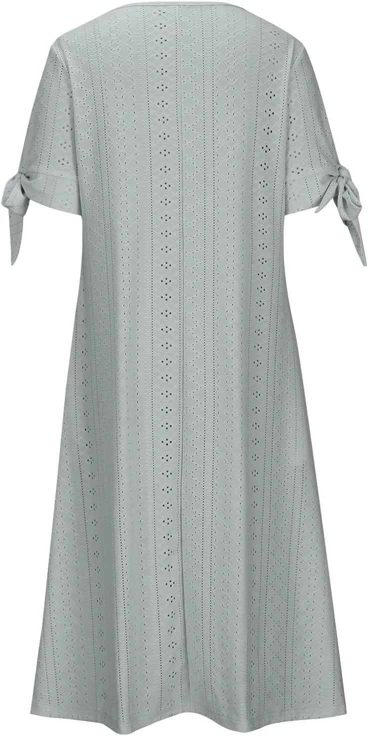 Womens Summer Dress Casual Floral Print Midi Dress Button V Neck Short Sleeve Dresses Flowy Boho Beach Party Sundress