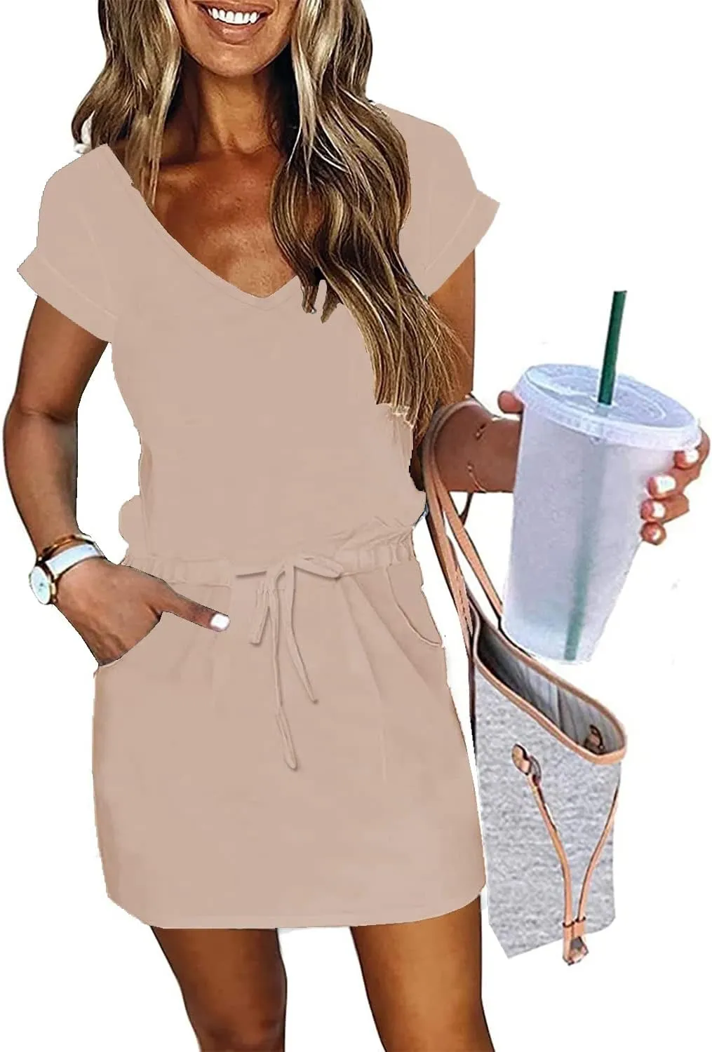 Womens Summer Dress Lantern Sleeve Square Neck Tie Front A-Line Double Layer Hem Mini Dresses