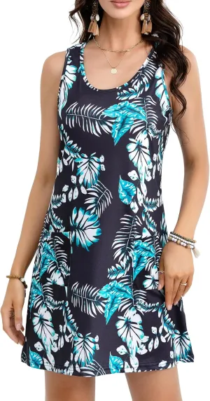 Women's Summer Dresses 2025 Casual Sleeveless Boho Beach Dress Scoop Neck T-Shirt Floral Sundress with Pocket