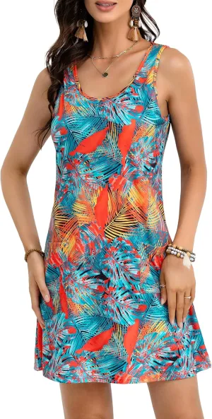 Women's Summer Dresses 2025 Casual Sleeveless Boho Beach Dress Scoop Neck T-Shirt Floral Sundress with Pocket