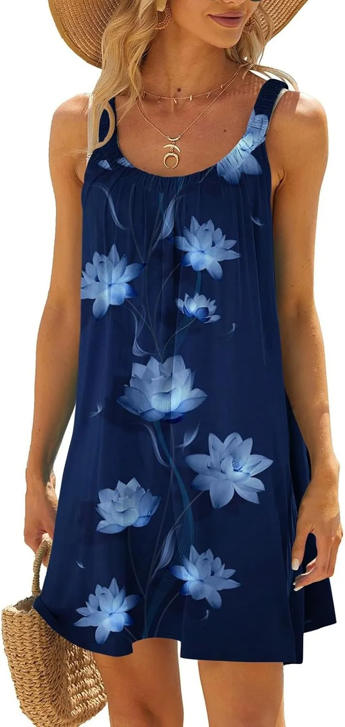 Womens Summer Dresses Bohemian Floral Tank Beach Halter Dress Casual Sleeveless Flowy Vacation Tshirt Sundresses