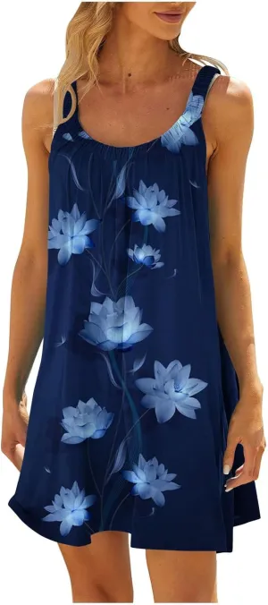 Womens Summer Dresses Bohemian Floral Tank Beach Halter Dress Casual Sleeveless Flowy Vacation Tshirt Sundresses