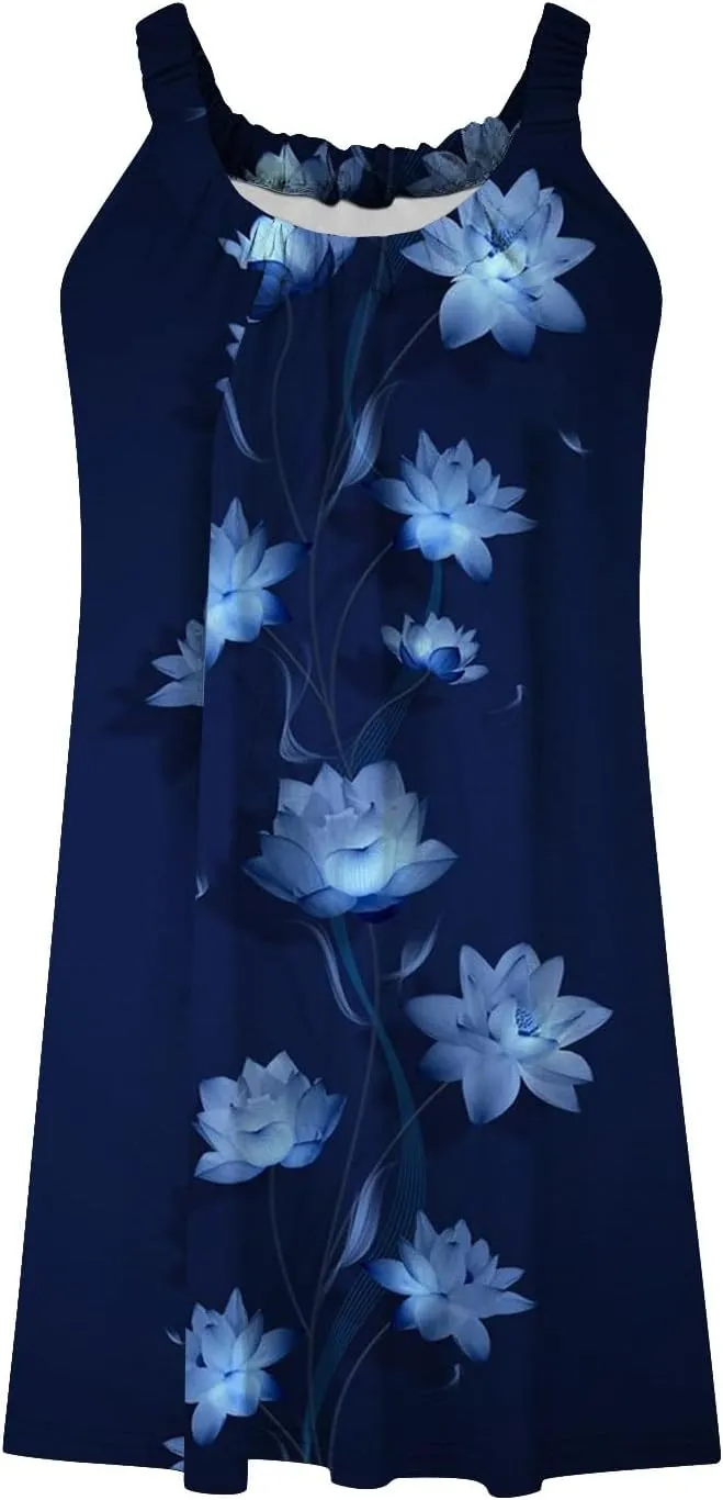 Womens Summer Dresses Bohemian Floral Tank Beach Halter Dress Casual Sleeveless Flowy Vacation Tshirt Sundresses