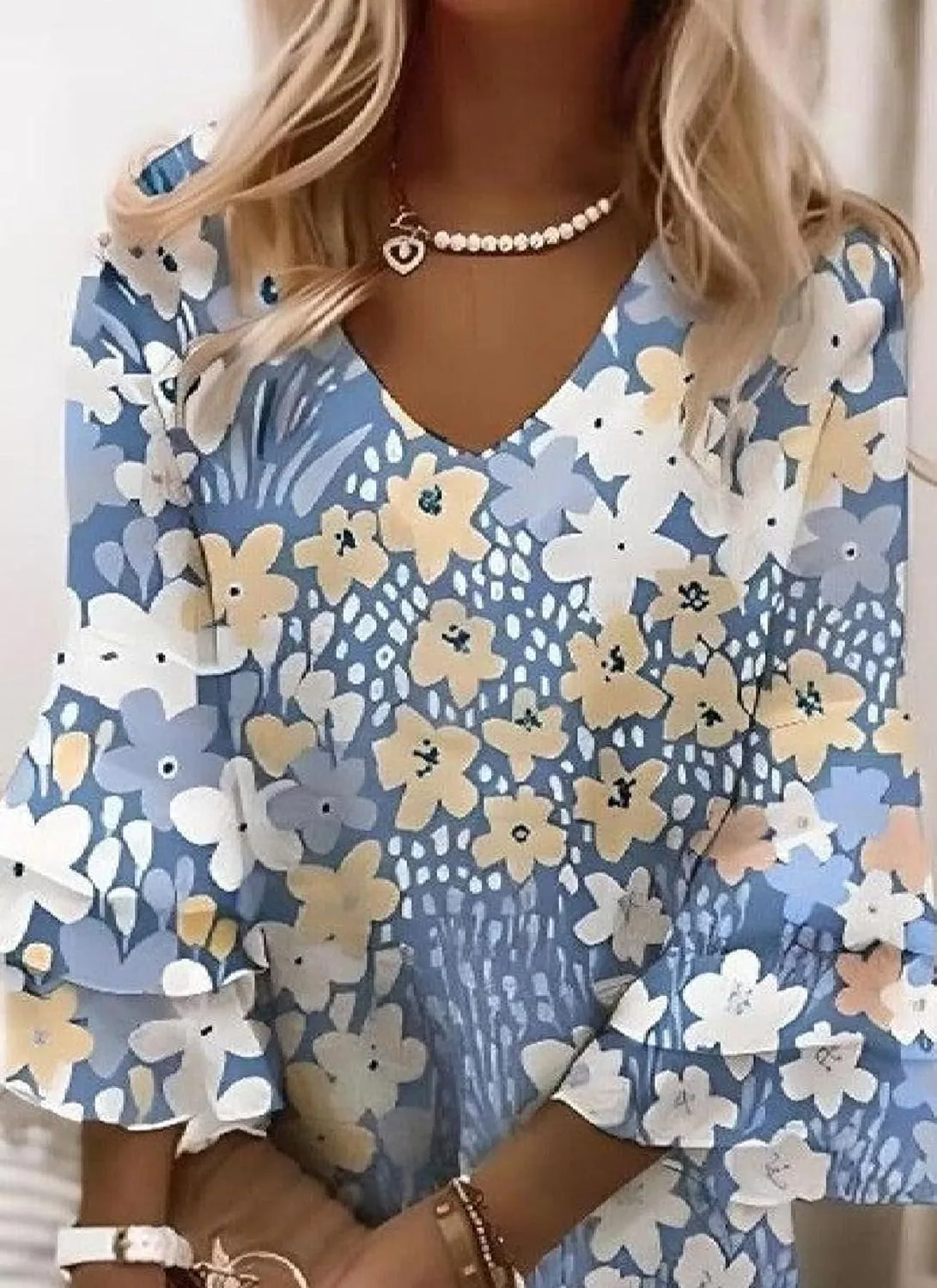 Women's Summer Dresses Floral Print Ruffle Bell Three Quarter Sleeve V Neck Beach Vacation Mini Dress