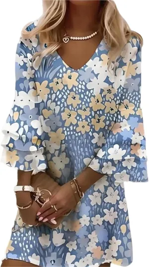 Women's Summer Dresses Floral Print Ruffle Bell Three Quarter Sleeve V Neck Beach Vacation Mini Dress