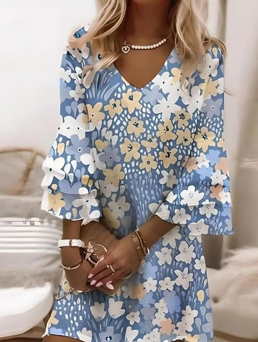Women's Summer Dresses Floral Print Ruffle Bell Three Quarter Sleeve V Neck Beach Vacation Mini Dress