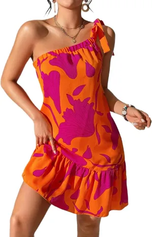 Women's Summer Dresses Knot One Shoulder Sleeveless Floral Print Dress A Line Ruffle Hem Mini Dresses