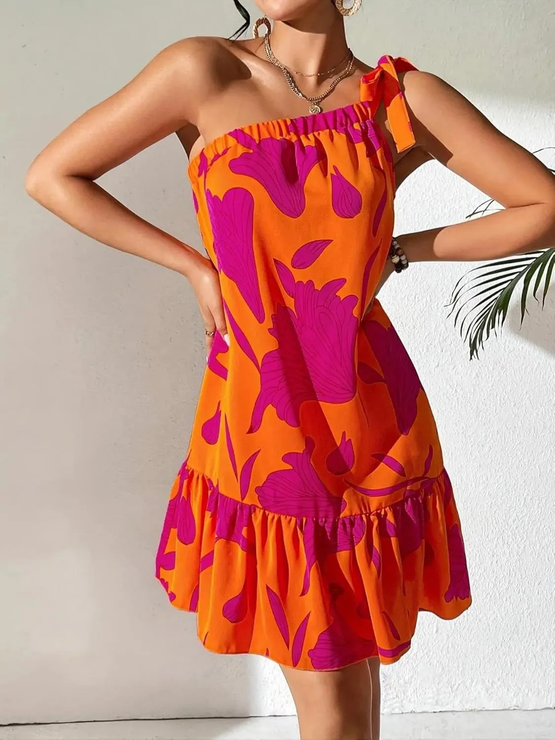 Women's Summer Dresses Knot One Shoulder Sleeveless Floral Print Dress A Line Ruffle Hem Mini Dresses