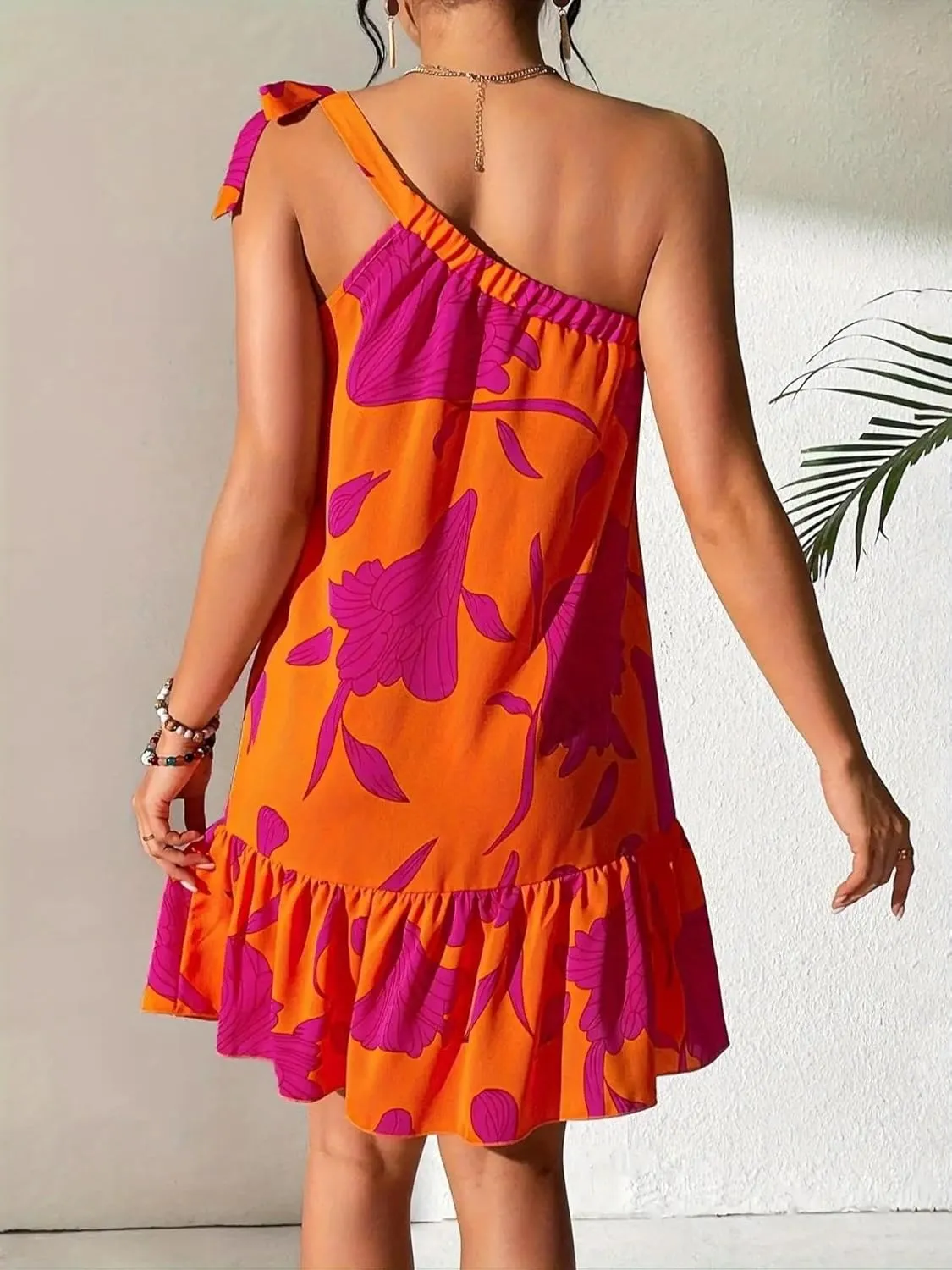 Women's Summer Dresses Knot One Shoulder Sleeveless Floral Print Dress A Line Ruffle Hem Mini Dresses