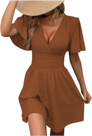 Womens Summer Dresses Ruffle Short Sleeve Wrap V Neck Ruched Waist Pleated A Line Short Mini Dress for Cocktail Party
