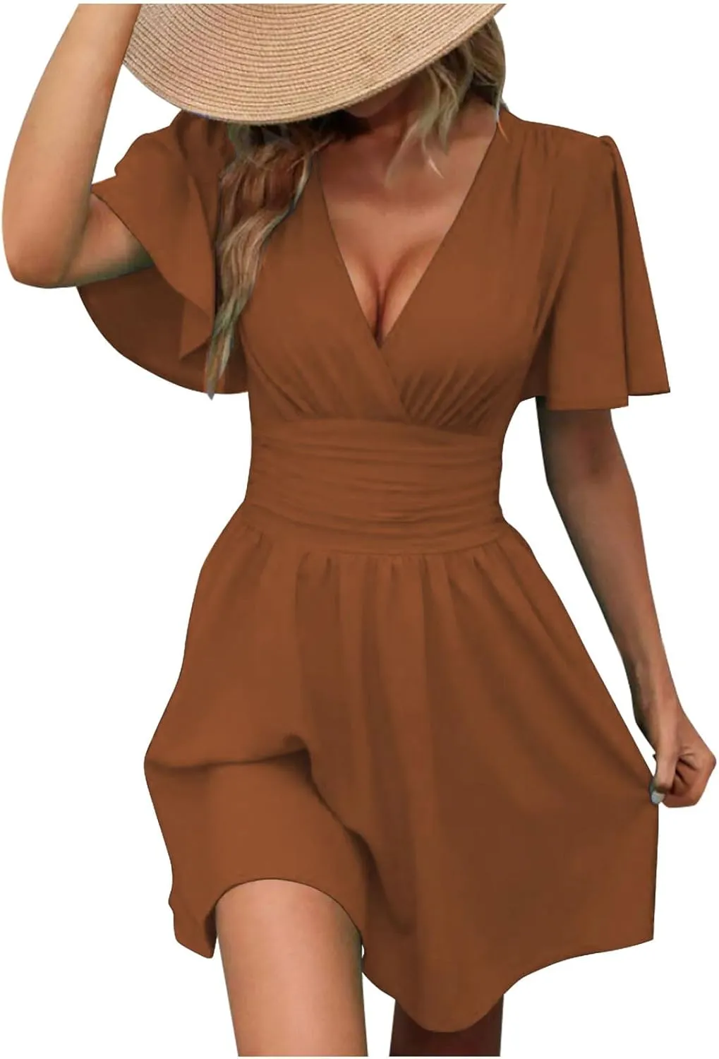 Womens Summer Dresses Ruffle Short Sleeve Wrap V Neck Ruched Waist Pleated A Line Short Mini Dress for Cocktail Party