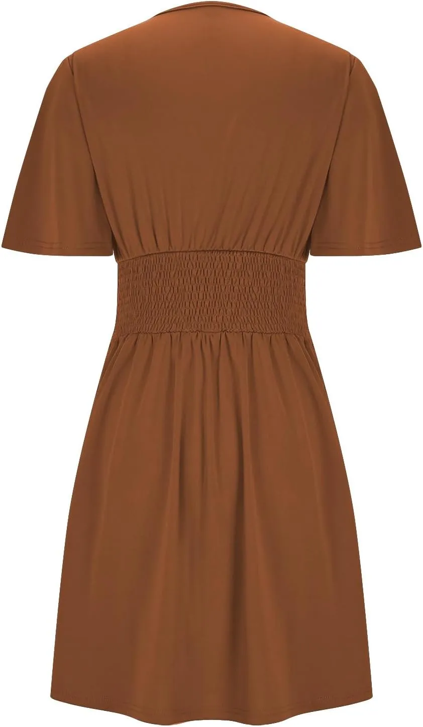 Womens Summer Dresses Ruffle Short Sleeve Wrap V Neck Ruched Waist Pleated A Line Short Mini Dress for Cocktail Party