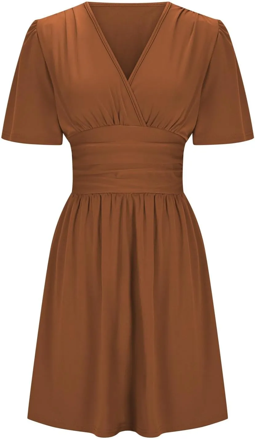 Womens Summer Dresses Ruffle Short Sleeve Wrap V Neck Ruched Waist Pleated A Line Short Mini Dress for Cocktail Party