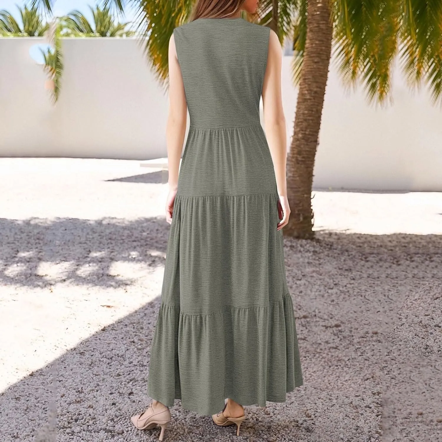 Womens Summer Dresses Split Neck Sleeveless Long Sundresses Loose Casual High Waisted Flowy Dress with Pocket