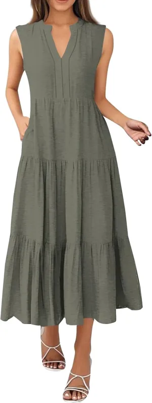 Womens Summer Dresses Split Neck Sleeveless Long Sundresses Loose Casual High Waisted Flowy Dress with Pocket