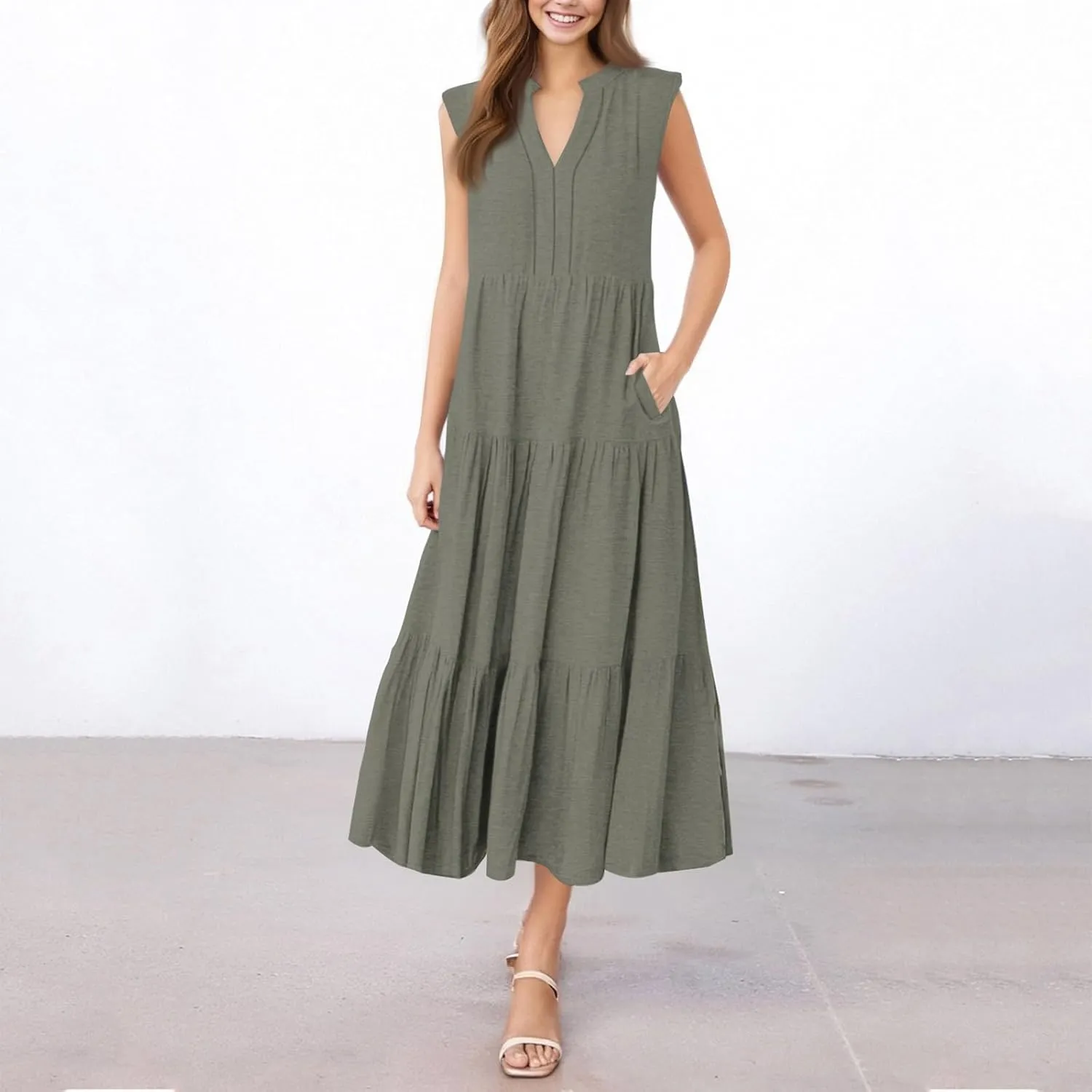 Womens Summer Dresses Split Neck Sleeveless Long Sundresses Loose Casual High Waisted Flowy Dress with Pocket
