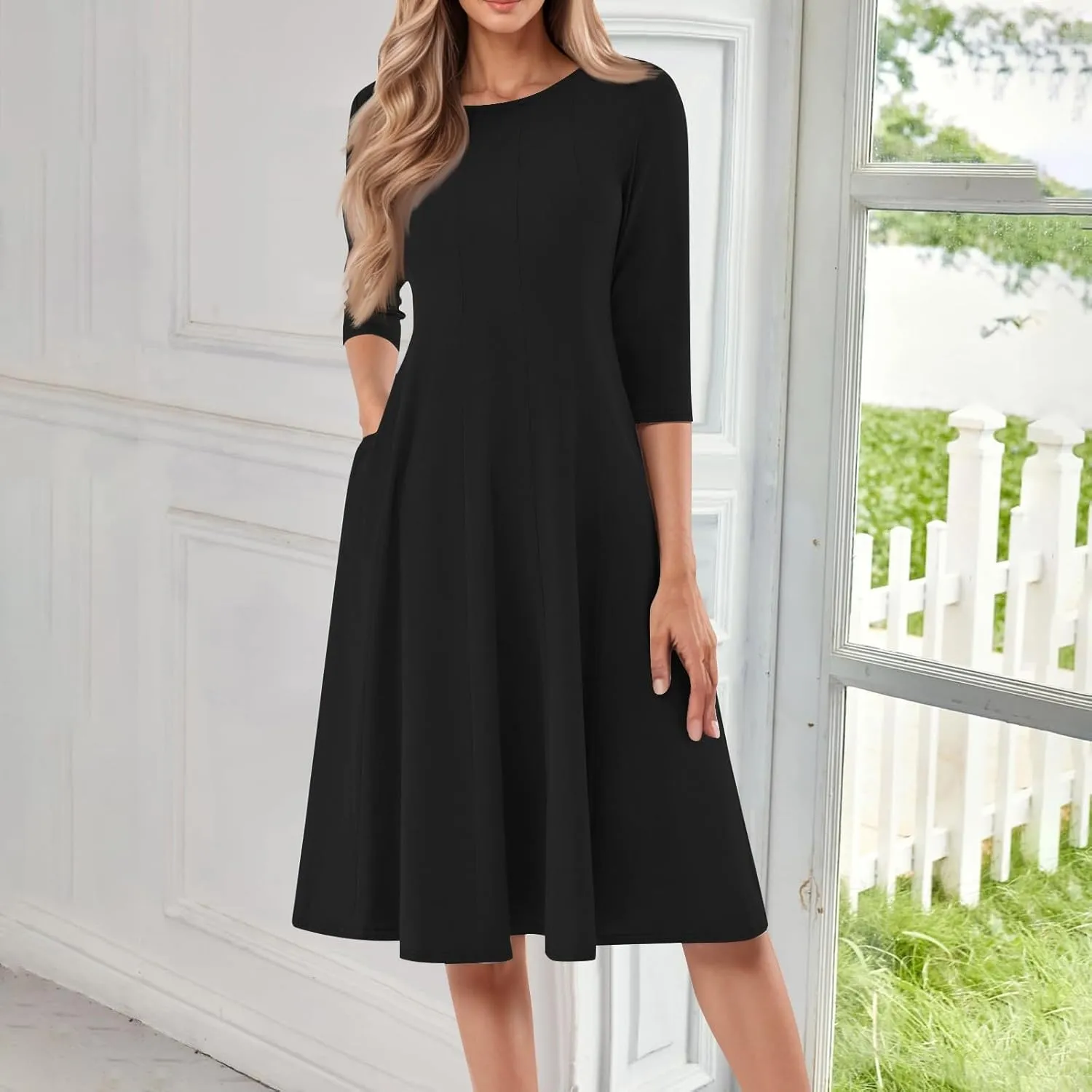 Womens Summer Dresses Summer Flowy Beach 3/4 Sleeve Dress Aline Casual Tshirt Dress Floral Midi Dresses with Pockets