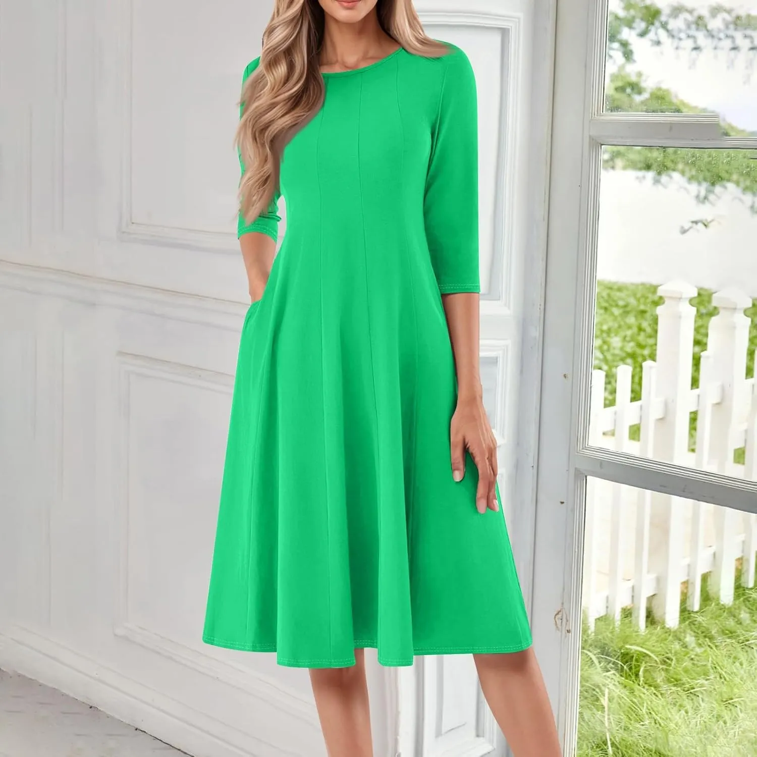 Womens Summer Dresses Summer Flowy Beach 3/4 Sleeve Dress Aline Casual Tshirt Dress Floral Midi Dresses with Pockets