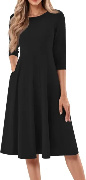 Womens Summer Dresses Summer Flowy Beach 3/4 Sleeve Dress Aline Casual Tshirt Dress Floral Midi Dresses with Pockets