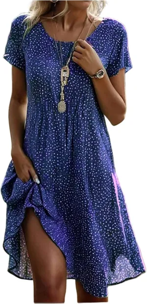 Women's Summer Floral Sundresses with Pockets, Loose Fit Short Sleeve Round Neck Knee Length Boho Beach Dress