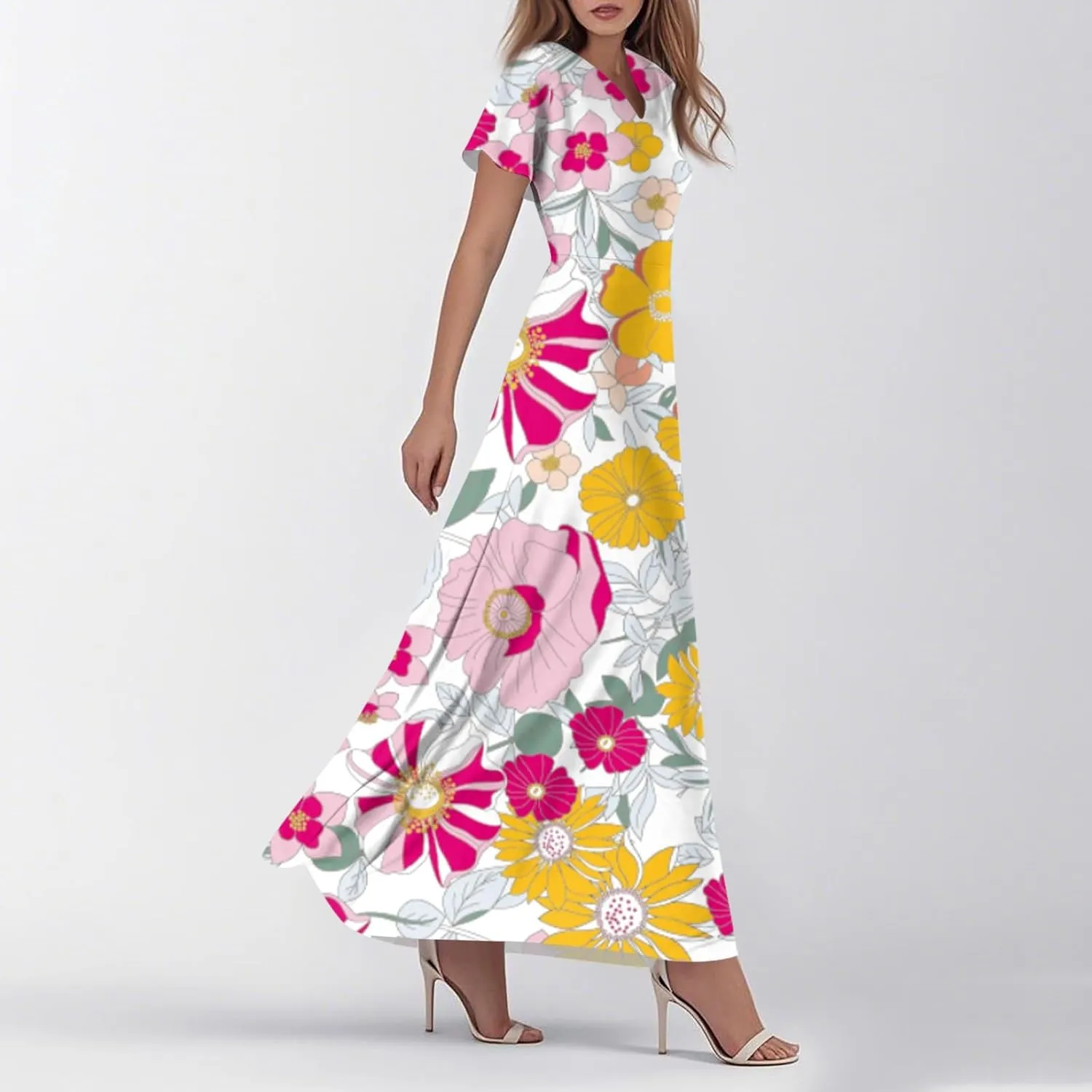 Women's Summer Floral V-Neck Long Dress Casual Short Sleeve Boho Print Sundress with Elastic Waist 2025