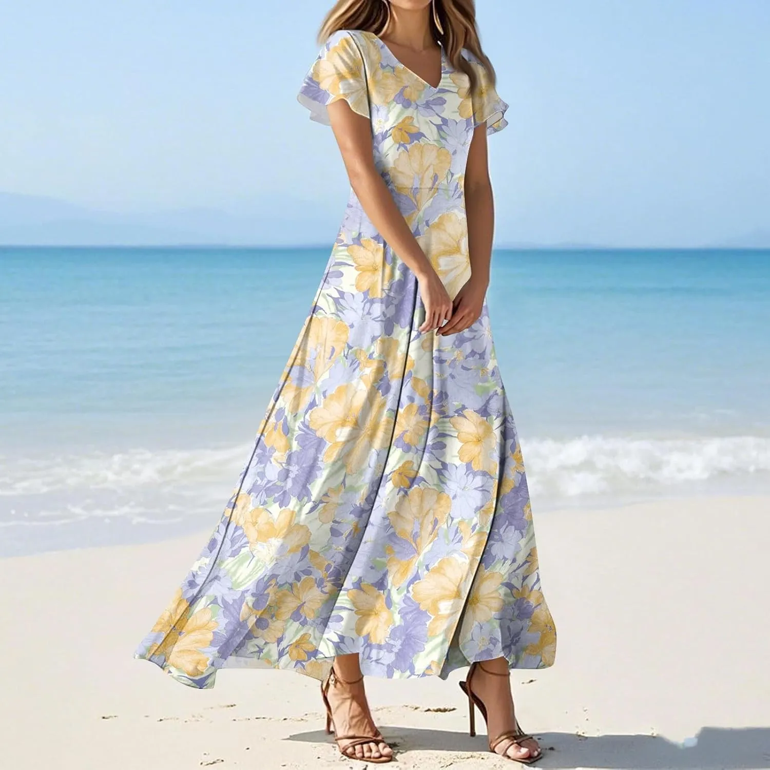 Women's Summer Floral V-Neck Long Dress Casual Short Sleeve Boho Print Sundress with Elastic Waist 2025