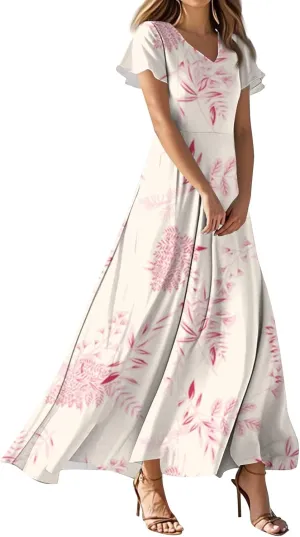Women's Summer Floral V-Neck Long Dress Casual Short Sleeve Boho Print Sundress with Elastic Waist 2025