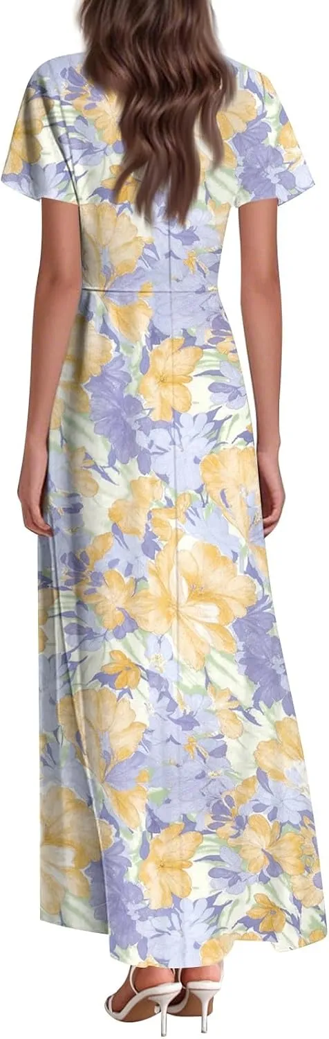 Women's Summer Floral V-Neck Long Dress Casual Short Sleeve Boho Print Sundress with Elastic Waist 2025