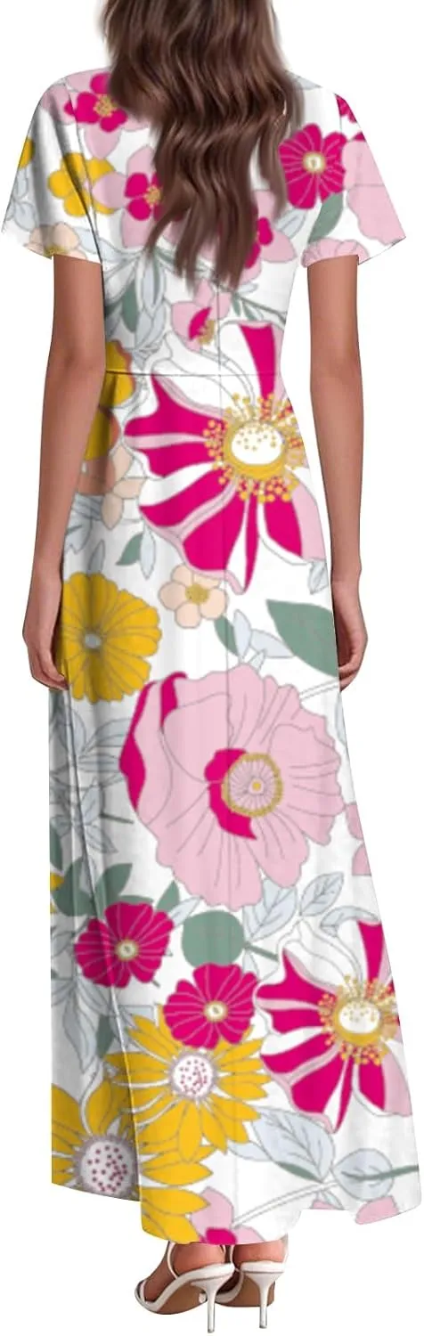 Women's Summer Floral V-Neck Long Dress Casual Short Sleeve Boho Print Sundress with Elastic Waist 2025