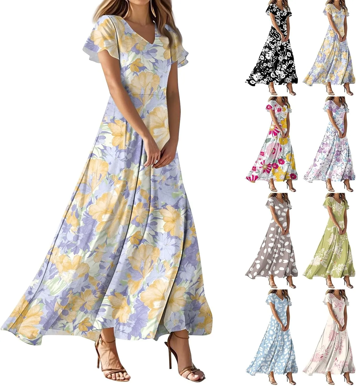 Women's Summer Floral V-Neck Long Dress Casual Short Sleeve Boho Print Sundress with Elastic Waist 2025