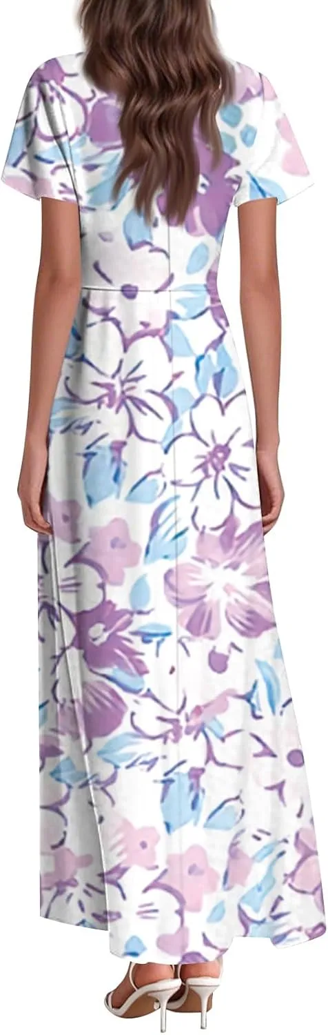 Women's Summer Floral V-Neck Long Dress Casual Short Sleeve Boho Print Sundress with Elastic Waist 2025
