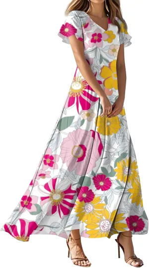 Women's Summer Floral V-Neck Long Dress Casual Short Sleeve Boho Print Sundress with Elastic Waist 2025
